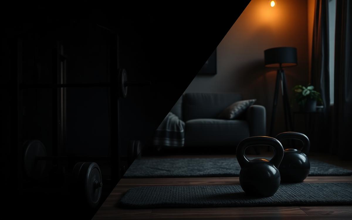 Split scene showing a gym rack and a home kettlebell setup