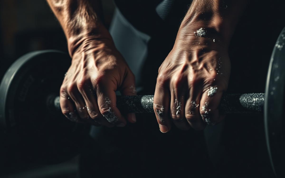 Close-up of chalked hands gripping a loaded barbell