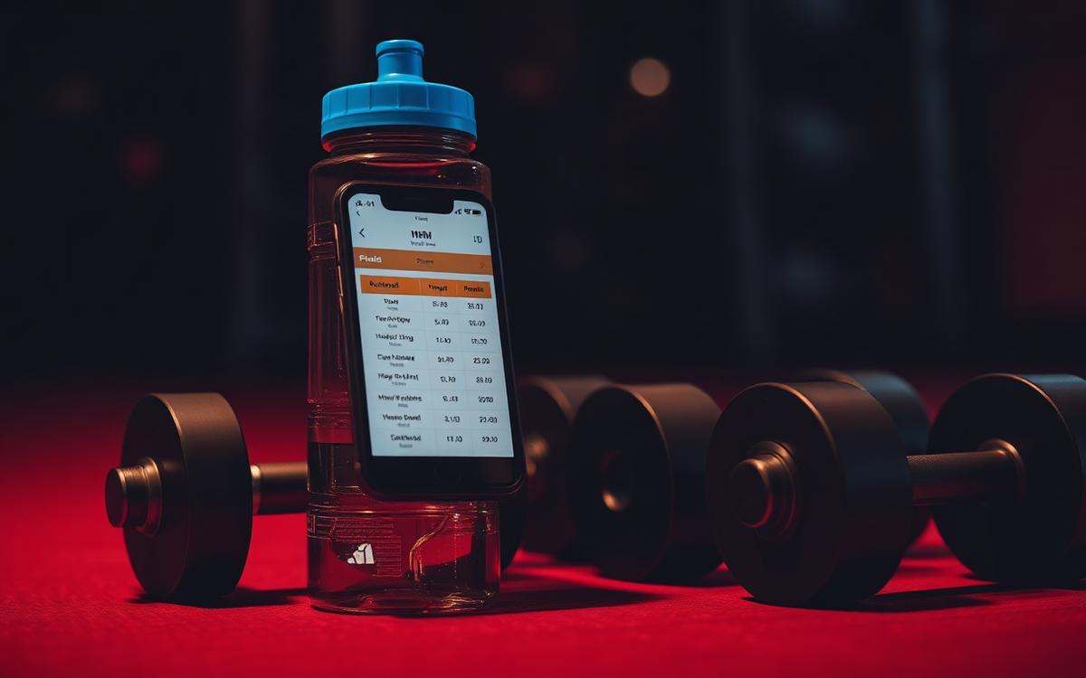 Phone showing a workout plan propped beside dumbbells