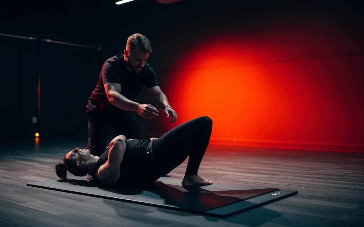 Coach guiding a client through a controlled floor exercise