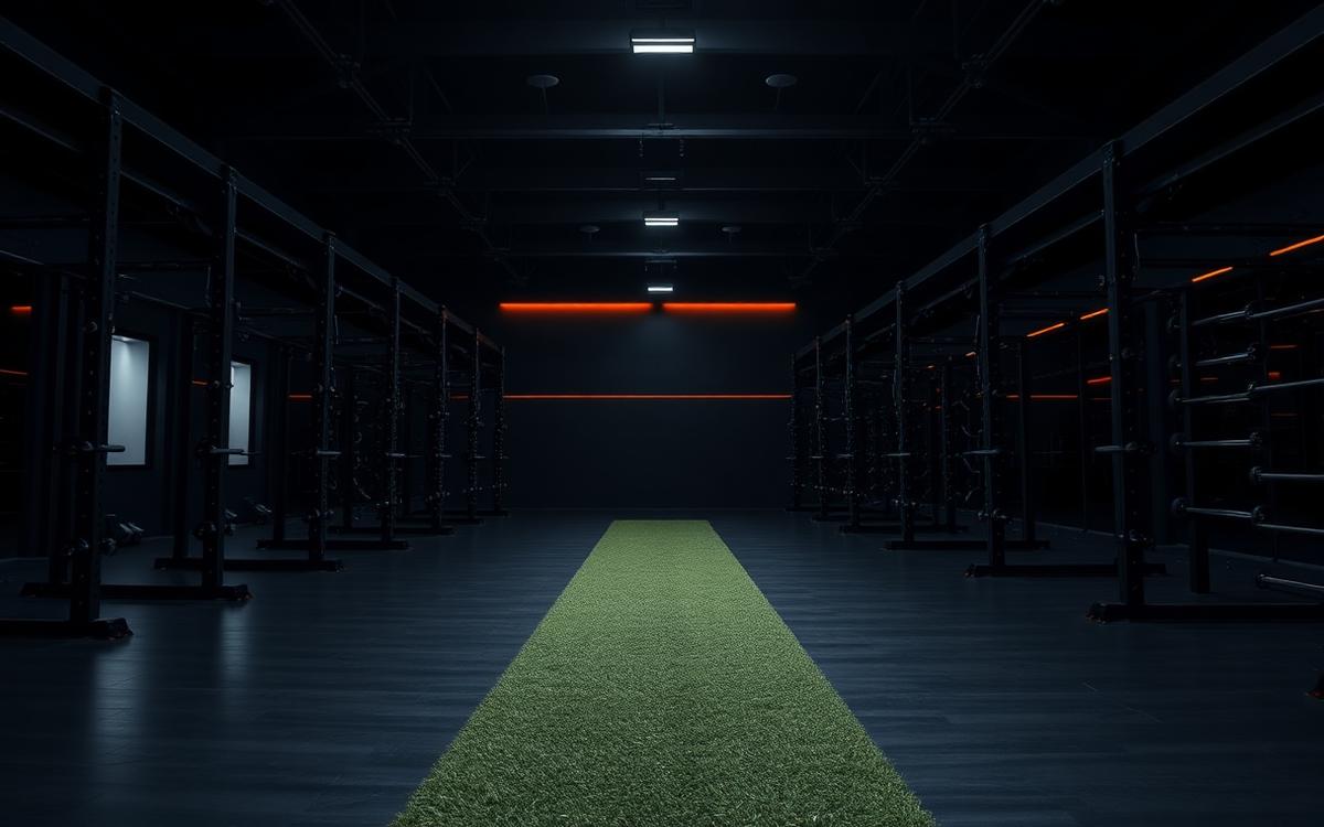 Empty premium gym floor with racks and a turf lane