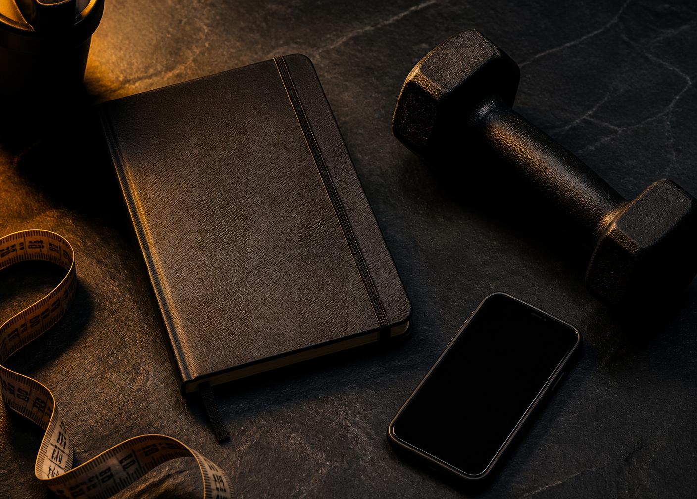 Training notebook, dumbbell and tape measure on a dark surface