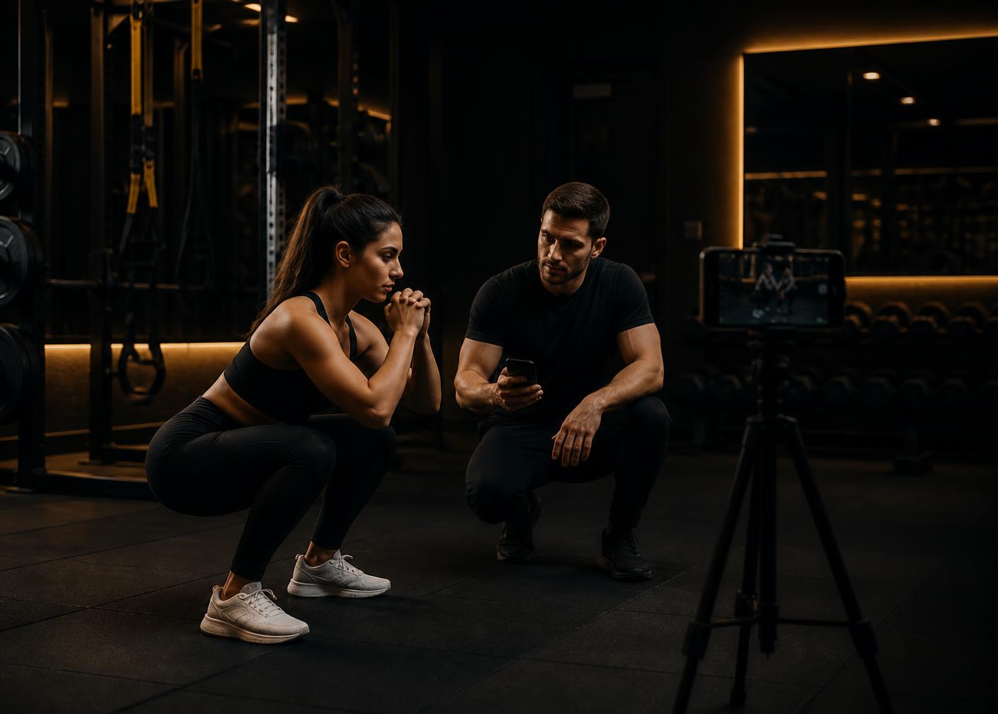 Coach filming and analysing a client's squat technique