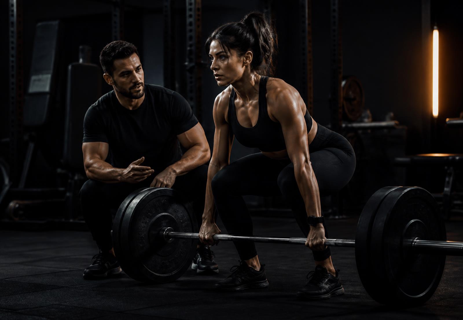 Coach guiding a client through a barbell lift