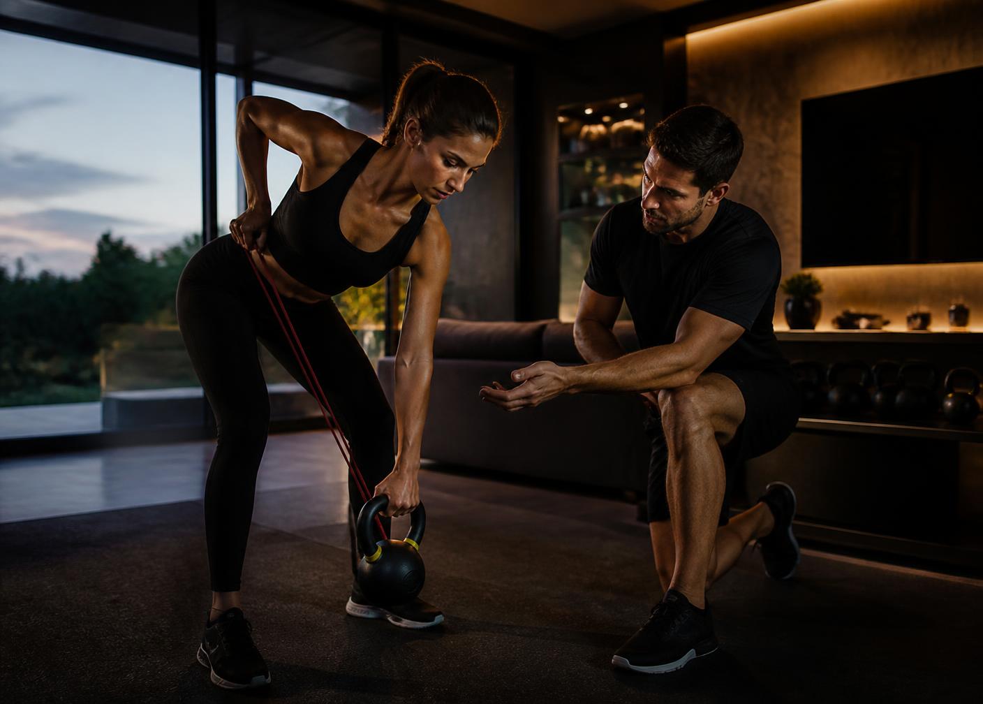 Trainer coaching a client with kettlebells and bands inside a modern home