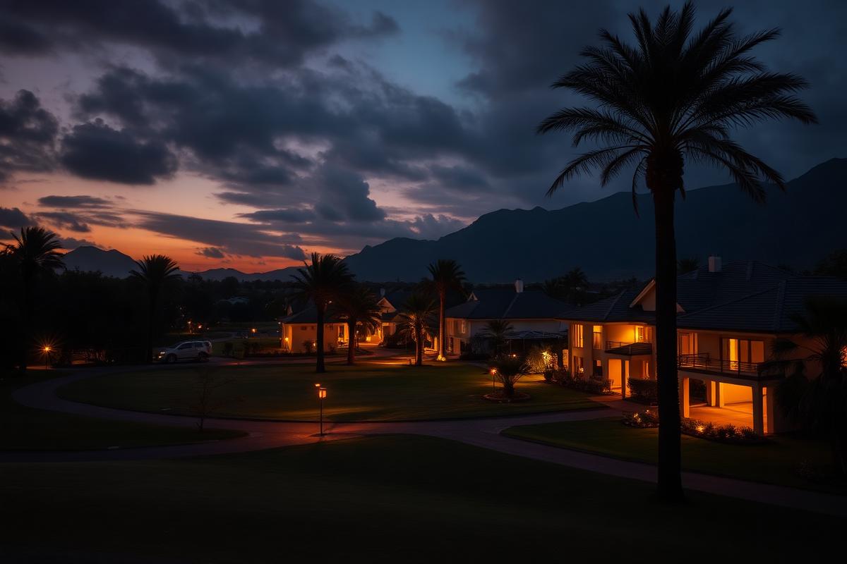 Upmarket golf estate neighbourhood at dusk