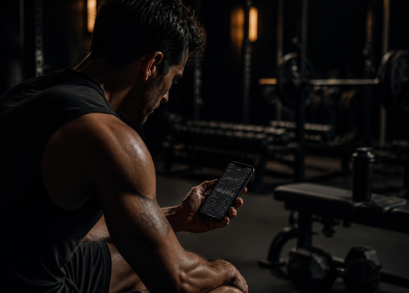 Athlete reviewing a workout programme on a phone in a dim gym